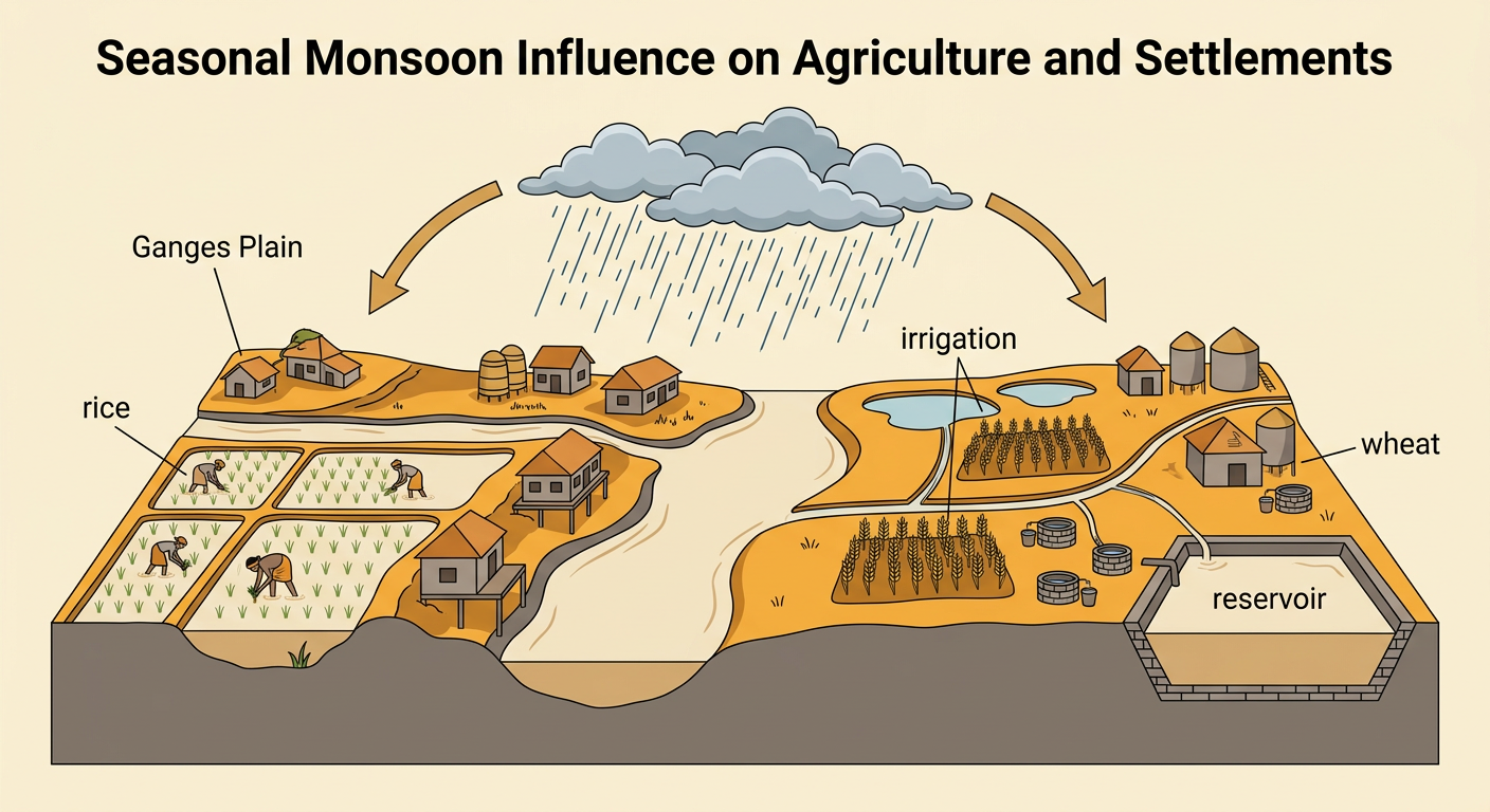 An ancient farming settlement shows wet rice fields and drier fields supported by irrigation and stored water.