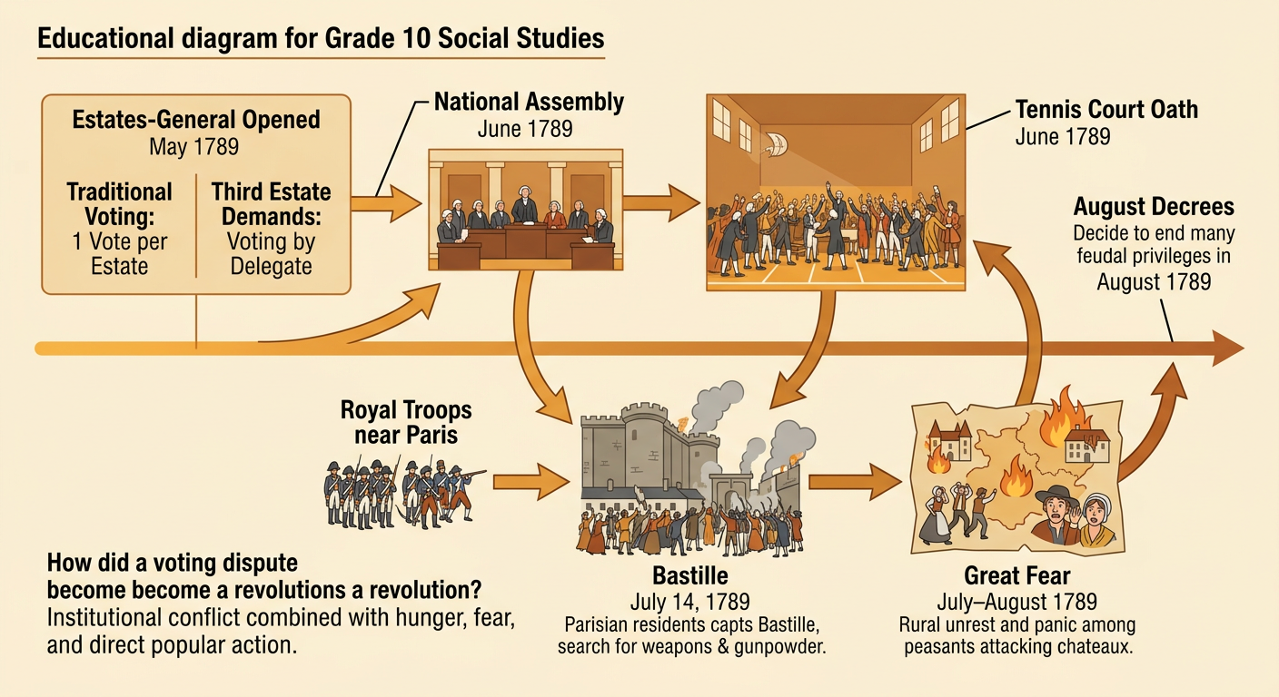A dated timeline connects the National Assembly and Tennis Court Oath to the storming of the Bastille and the Great Fear.
