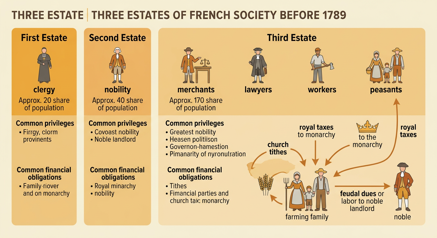 A three-level social pyramid shows the privileged clergy and nobility above the large tax-paying Third Estate.