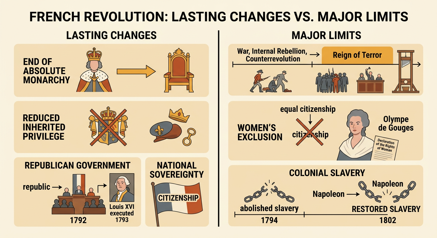 A revolutionary timeline shows the republic, the Reign of Terror, women's demands for rights, and the reversal of emancipation.