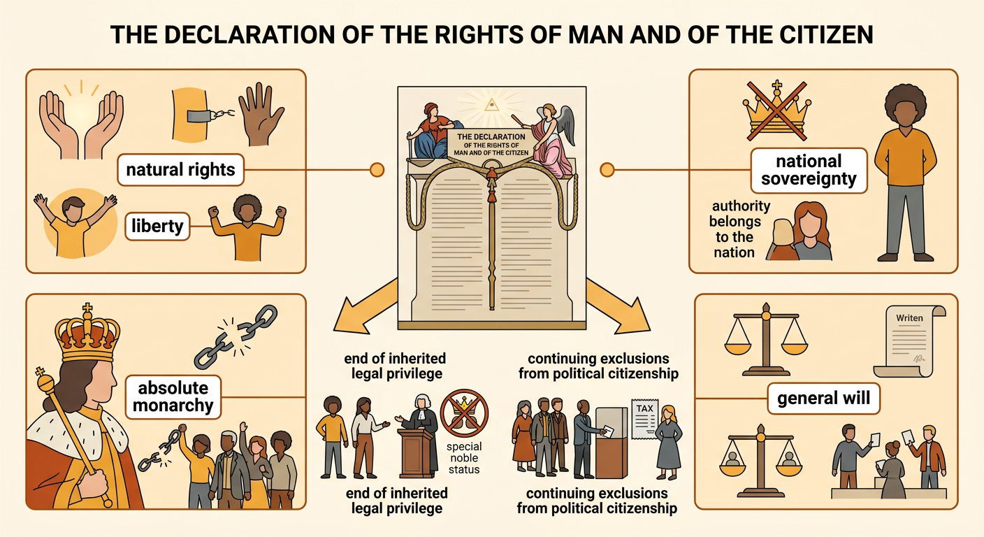 The declaration stands beside balanced scales contrasting equal rights with unequal access to voting.