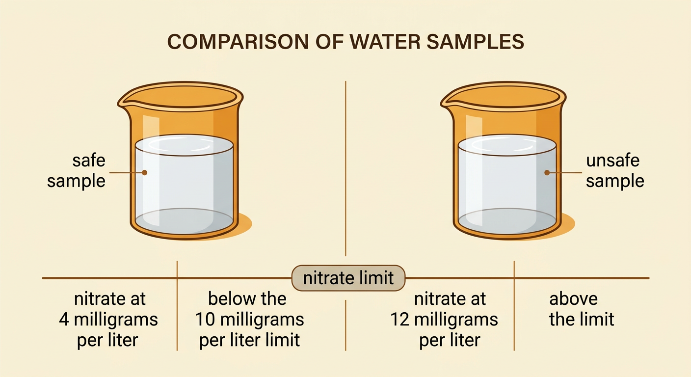 A clear-water comparison shows nitrate test results of 4 and 12 milligrams per liter beside the drinking-water limit.