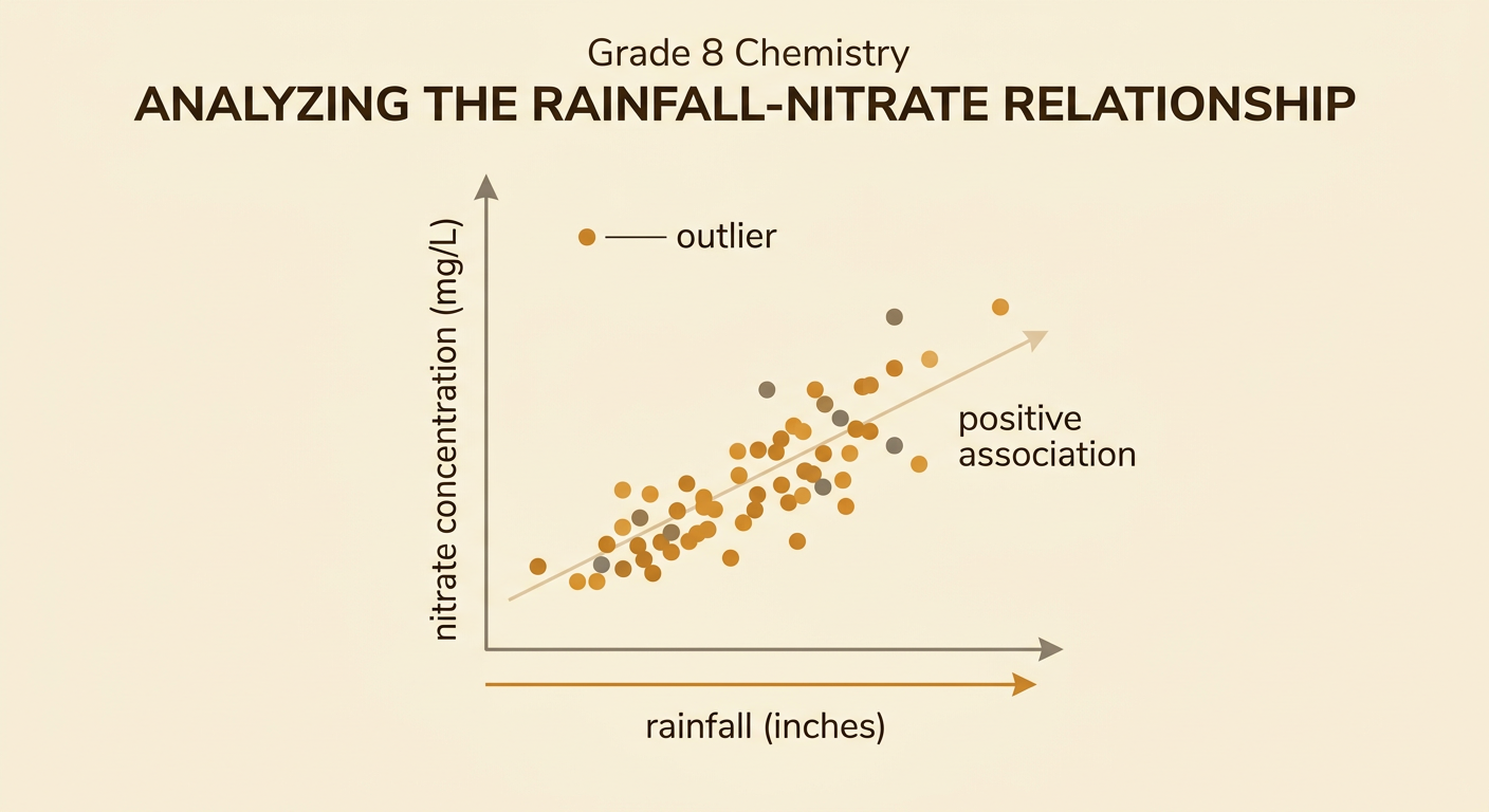 A scatter plot shows nitrate concentration generally increasing with weekly rainfall, with one point far from the trend.