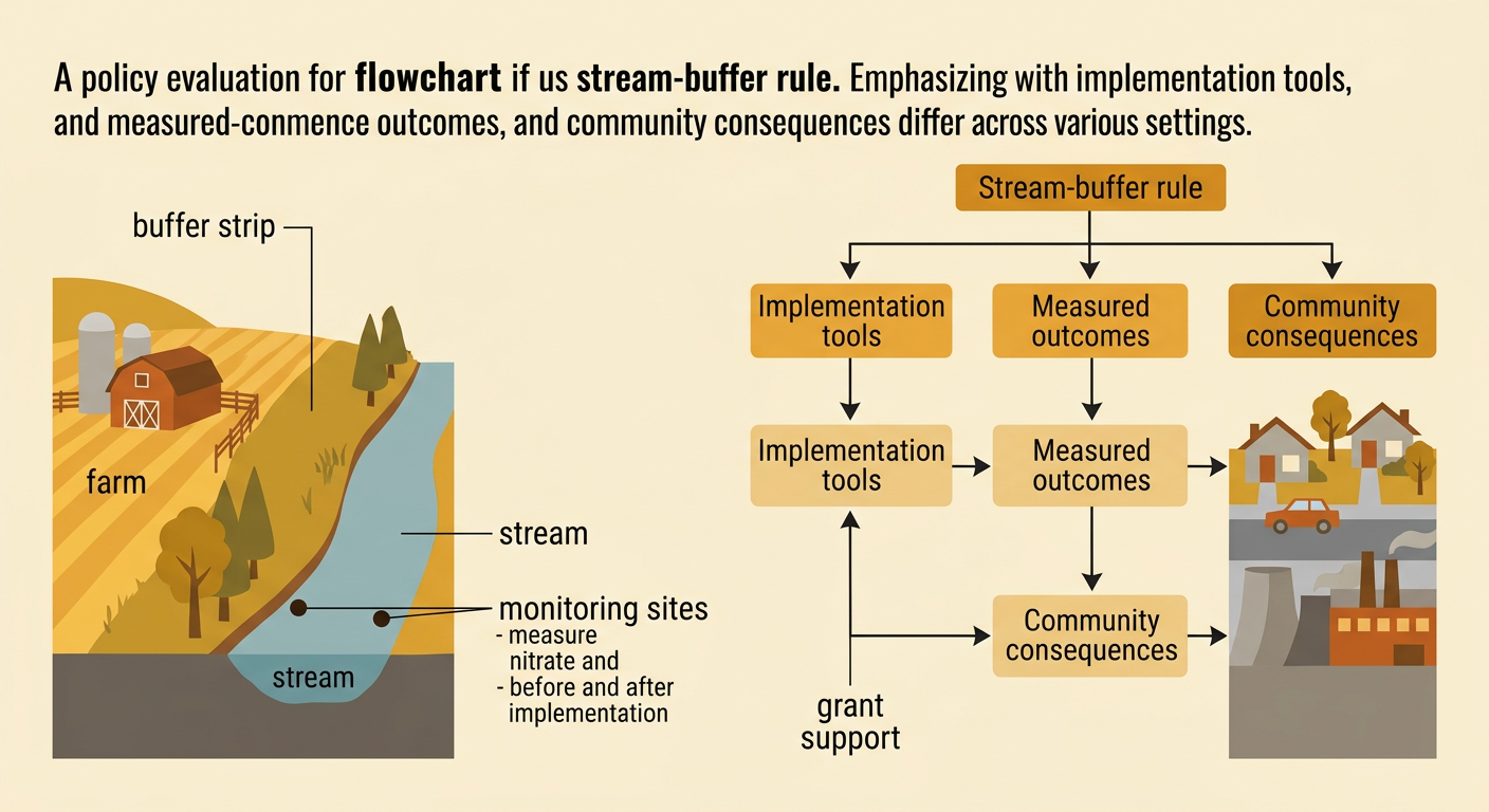 A protected stream runs beside a farm with a required vegetated strip, monitoring equipment, and financial assistance.