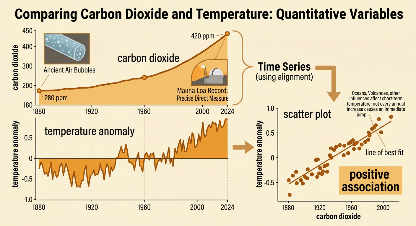 Paired time-series graphs and a scatter plot show rising carbon dioxide alongside rising temperature anomaly.