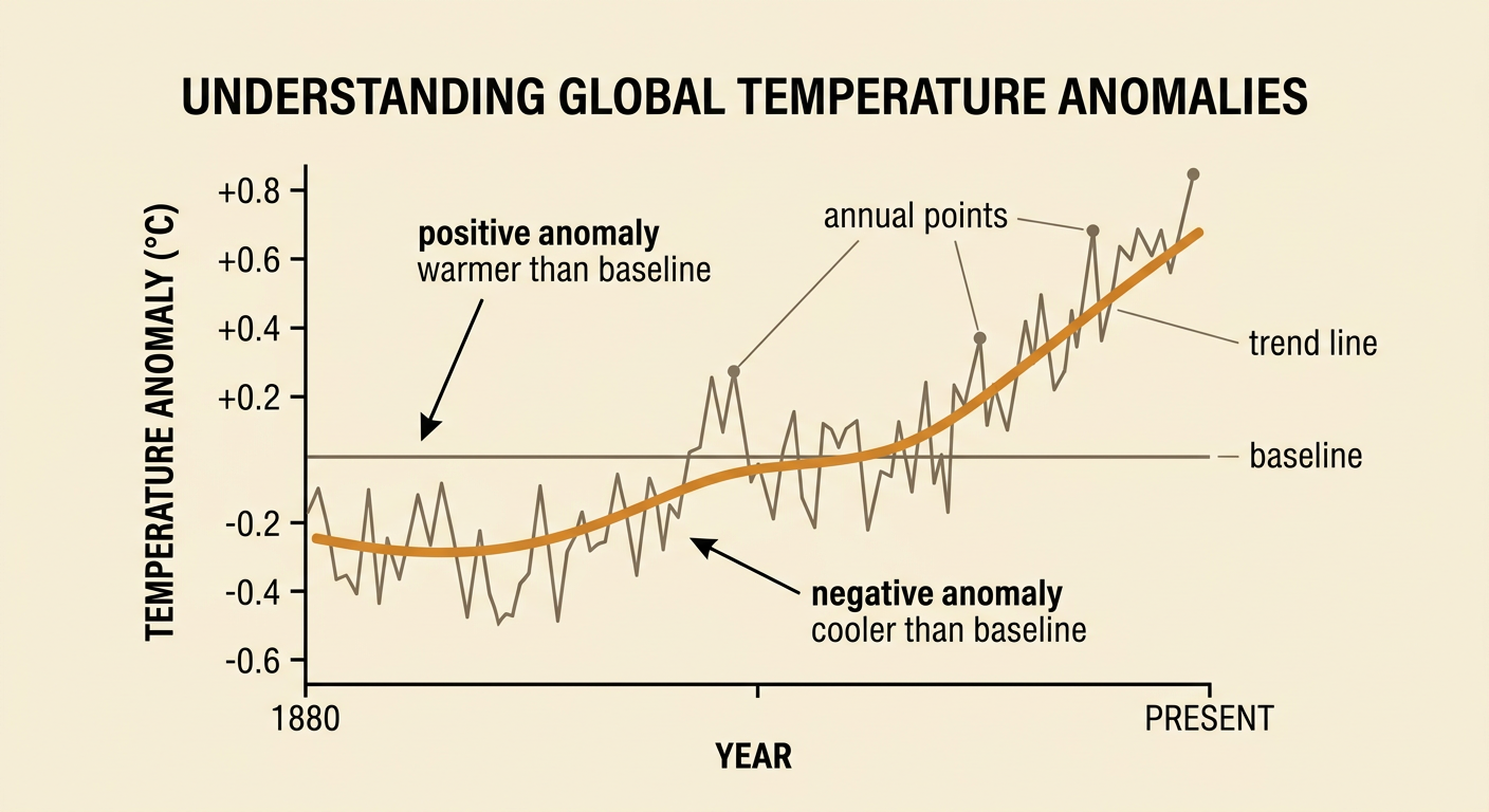 A global temperature anomaly graph includes yearly points, a zero baseline, and a rising trend line.