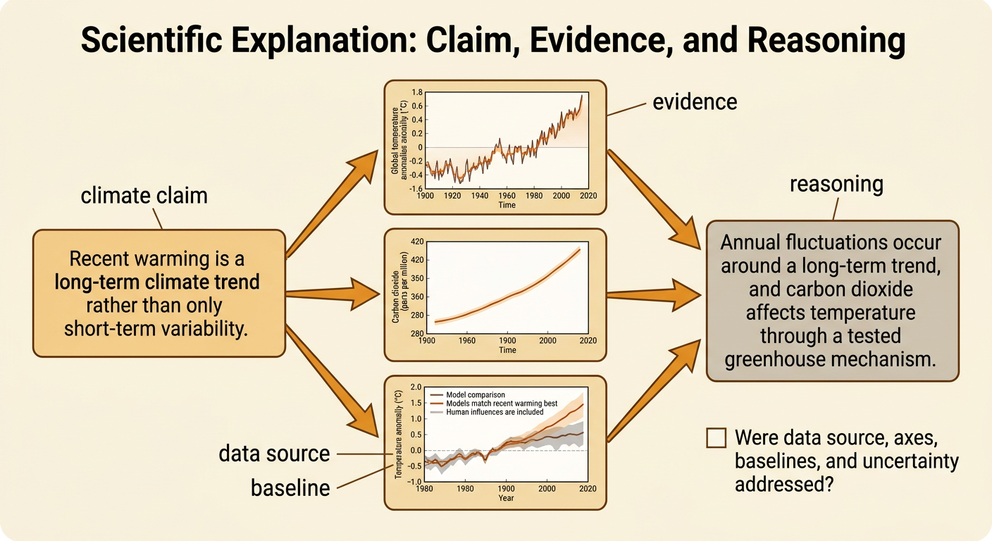 A claim-evidence-reasoning organizer connects climate graphs, carbon dioxide measurements, and model results.