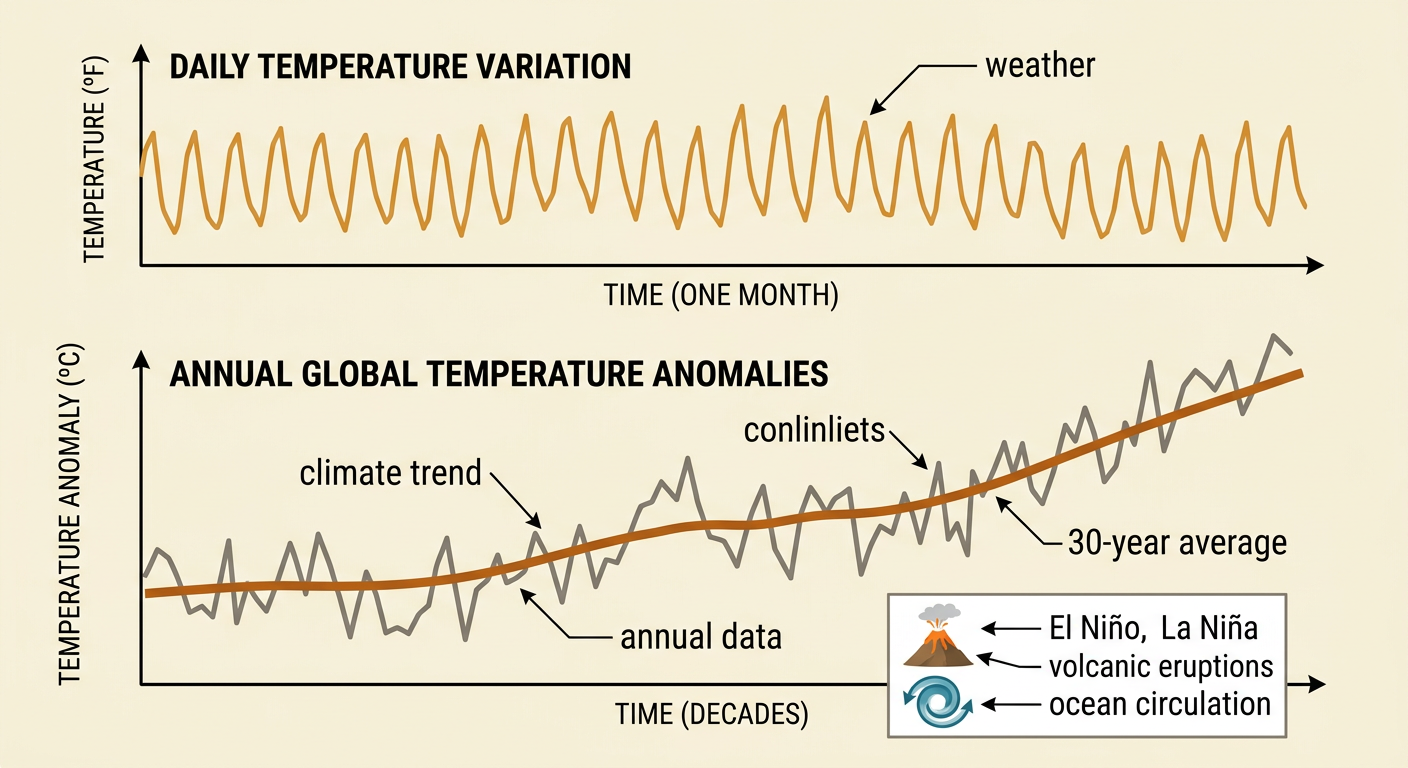 A temperature graph shows jagged yearly values fluctuating around a rising long-term average.