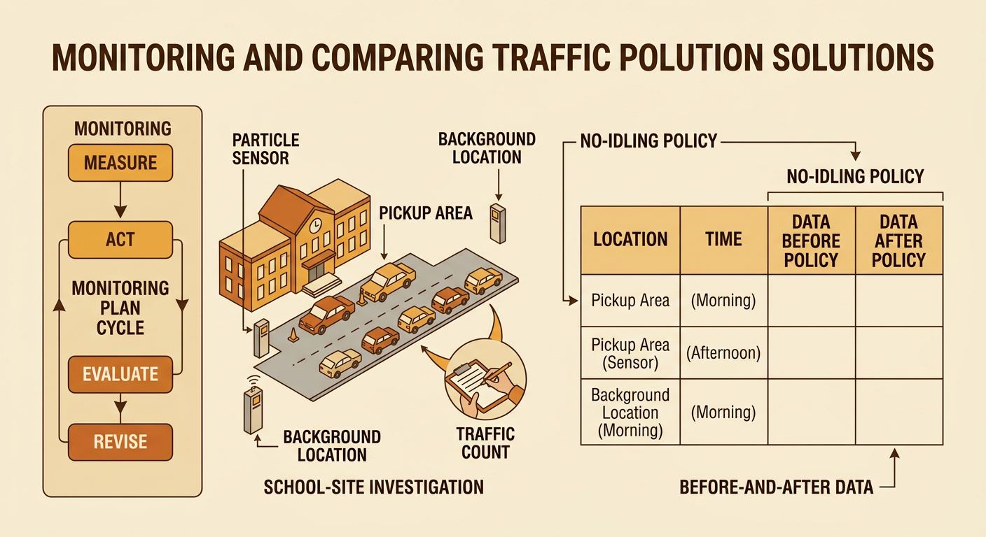 A school traffic-monitoring plan shows two sensors, waiting vehicles, recorded traffic, and a no-idling sign.