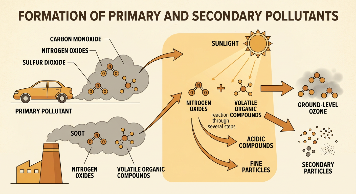 A reaction diagram shows morning car exhaust changing into afternoon ozone under bright sunlight.