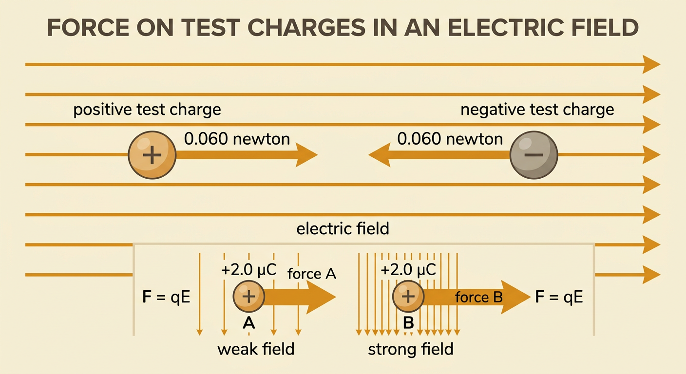 A rightward uniform electric field pushes equal positive and negative test charges in opposite directions with equal force magnitudes.