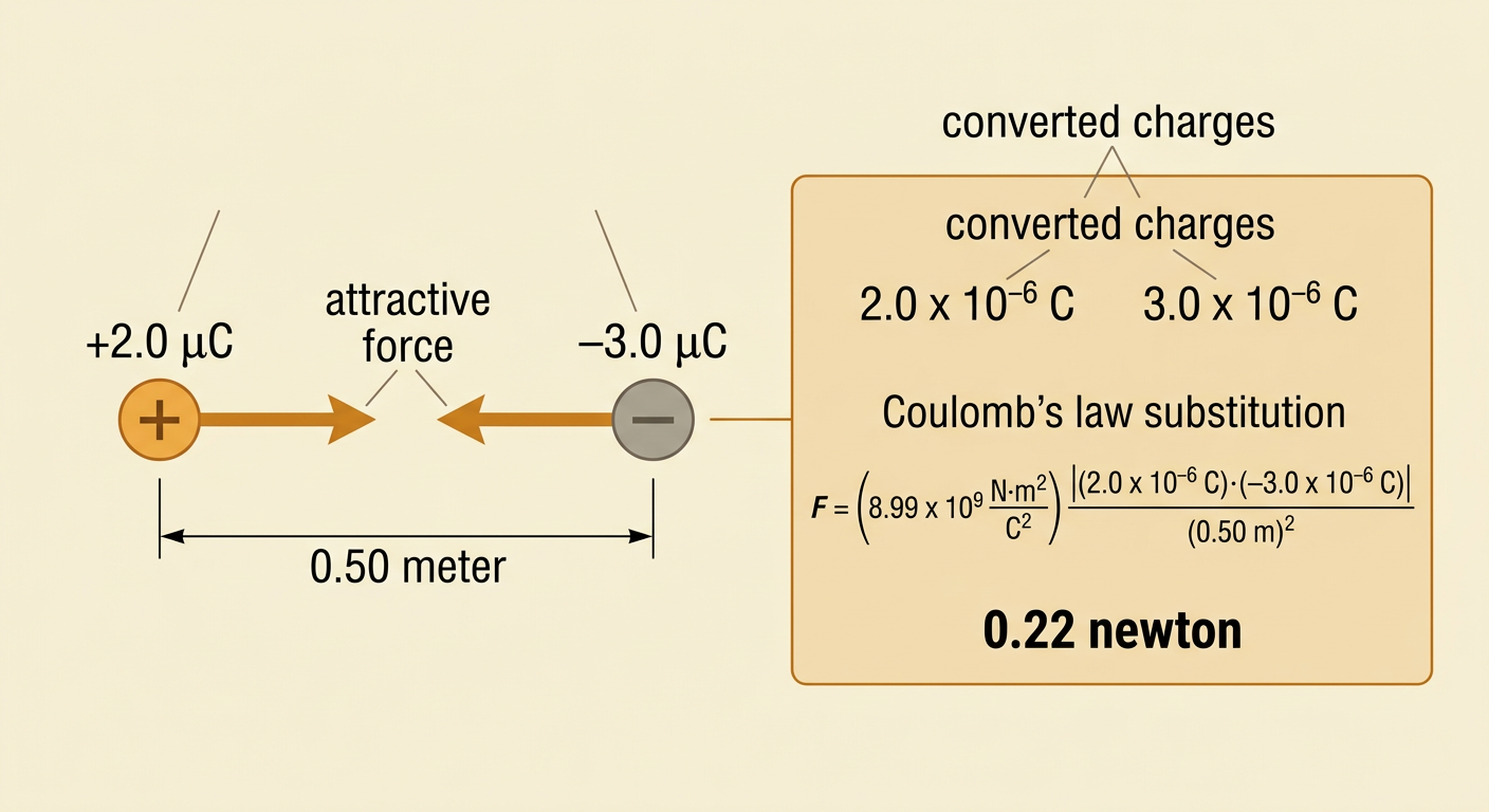 A complete Coulomb’s law calculation connects two opposite charges to equal inward force arrows and a 0.22-newton result.