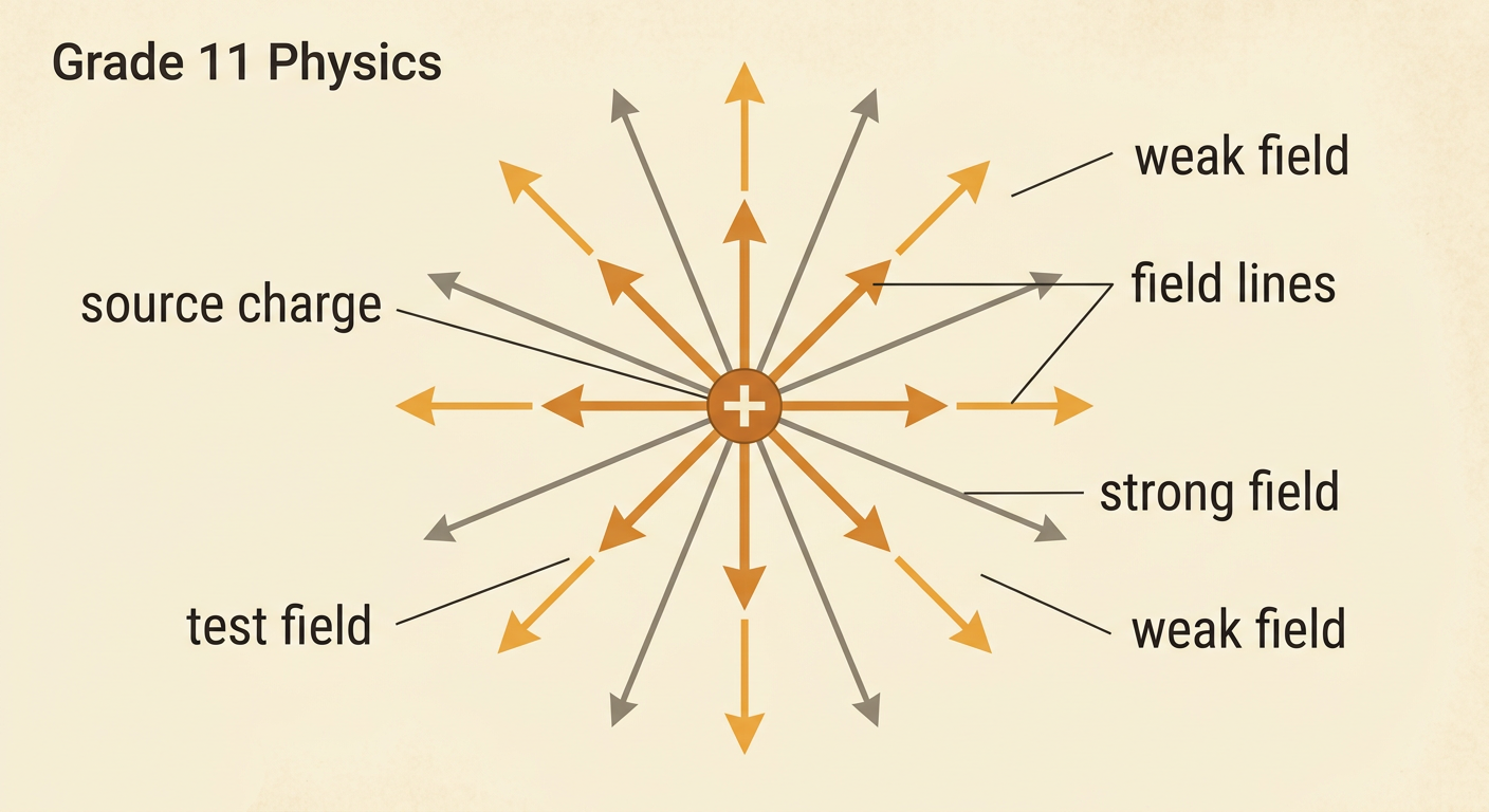 Field lines radiate from a positive source charge, with dense lines nearby and wider spacing farther away.