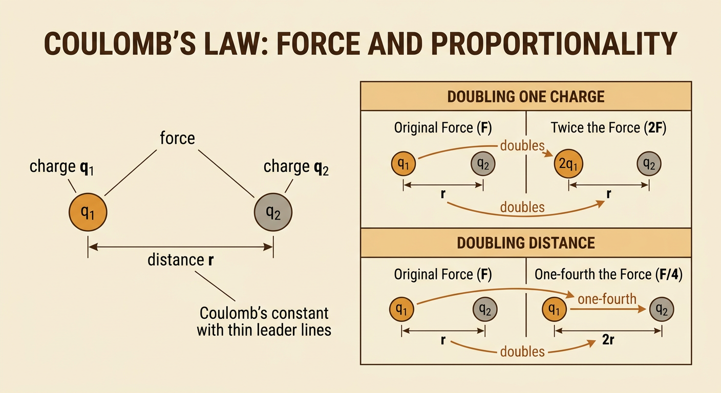 Coulomb’s law is shown with each variable connected to its physical meaning and a distance-doubling comparison.