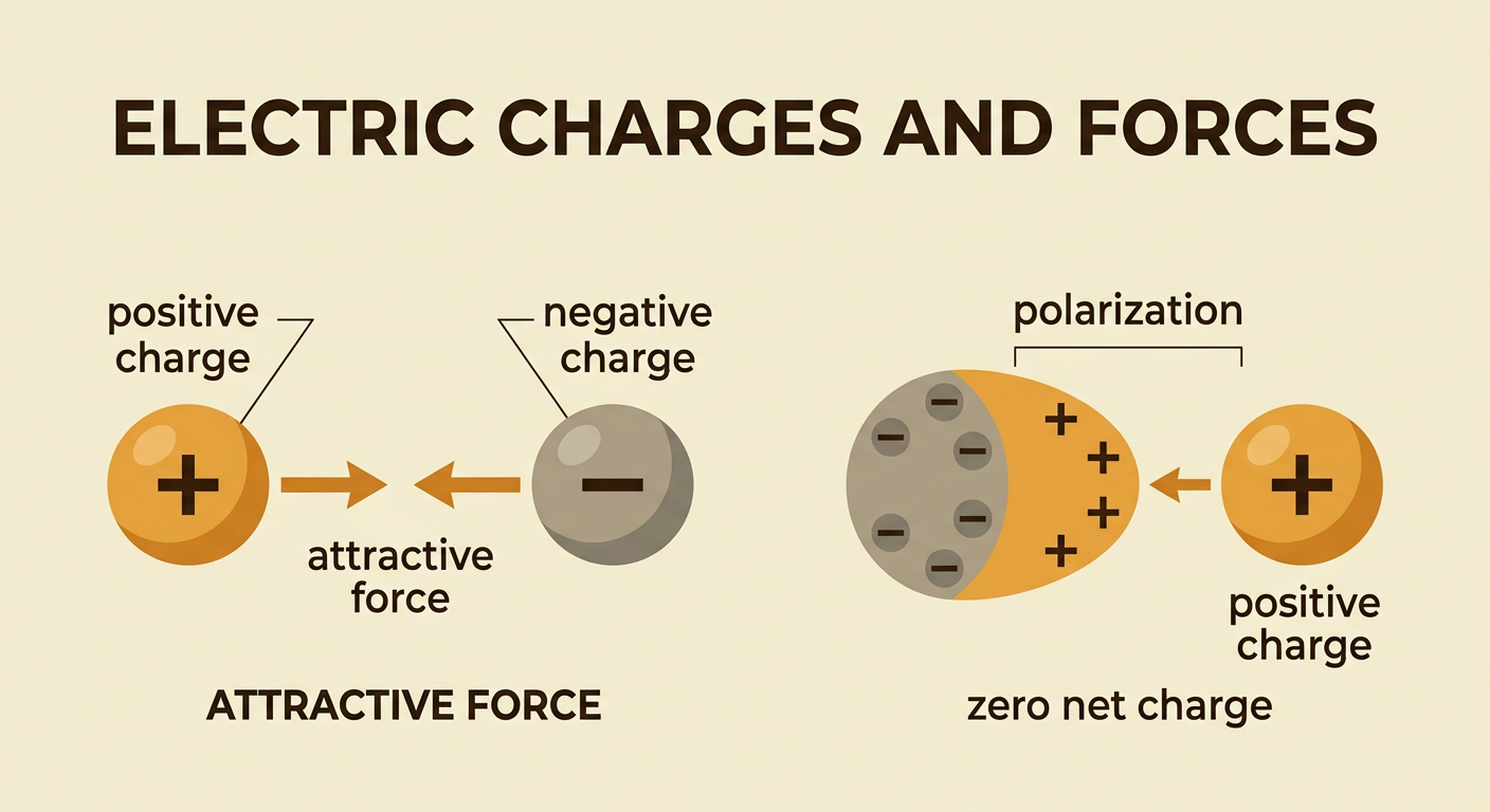 Two oppositely charged spheres pull toward each other with equal and opposite arrows beside a polarized neutral object.