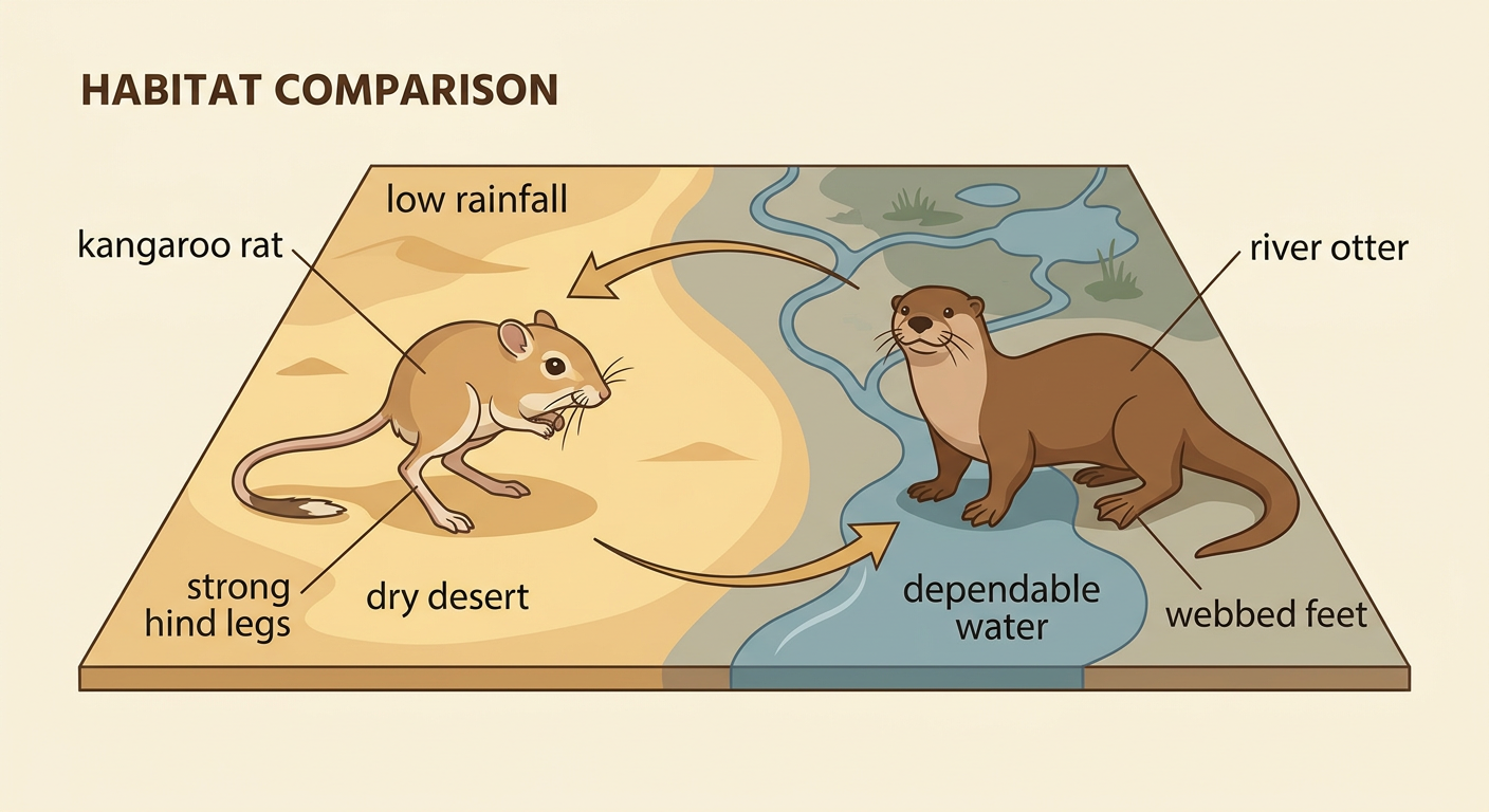 A labeled rainfall map compares a dry desert for a kangaroo rat with dependable water for a river otter.