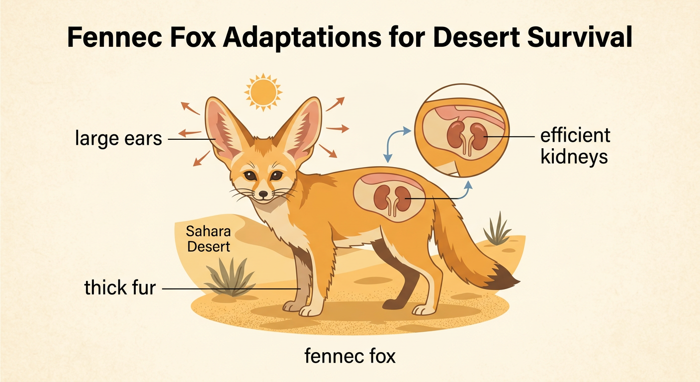 A labeled fennec fox stands in the hot Sahara Desert, with outer and inner adaptations clearly shown.