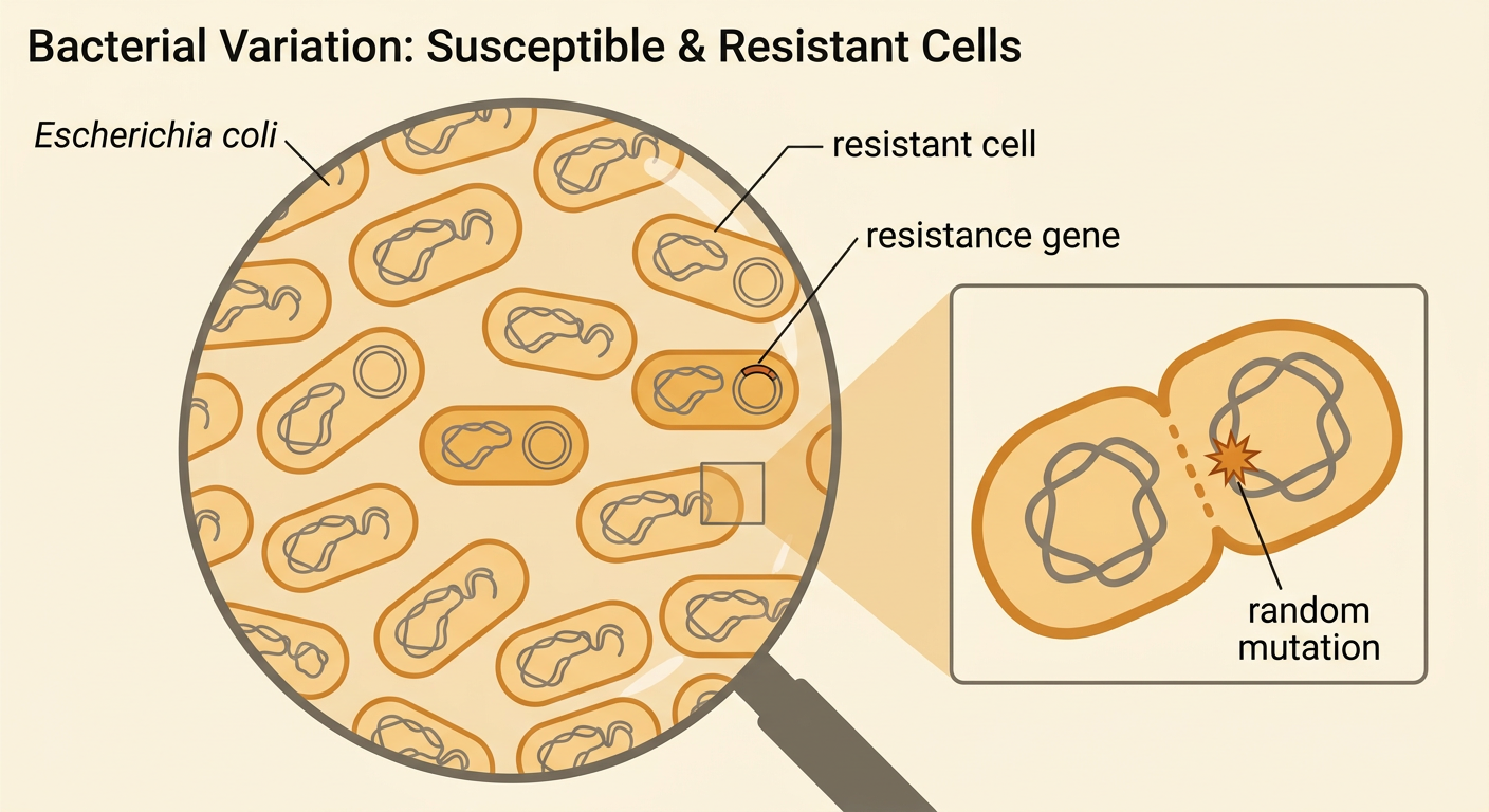 A mixed Escherichia coli population contains many susceptible cells and one cell carrying a resistance gene.