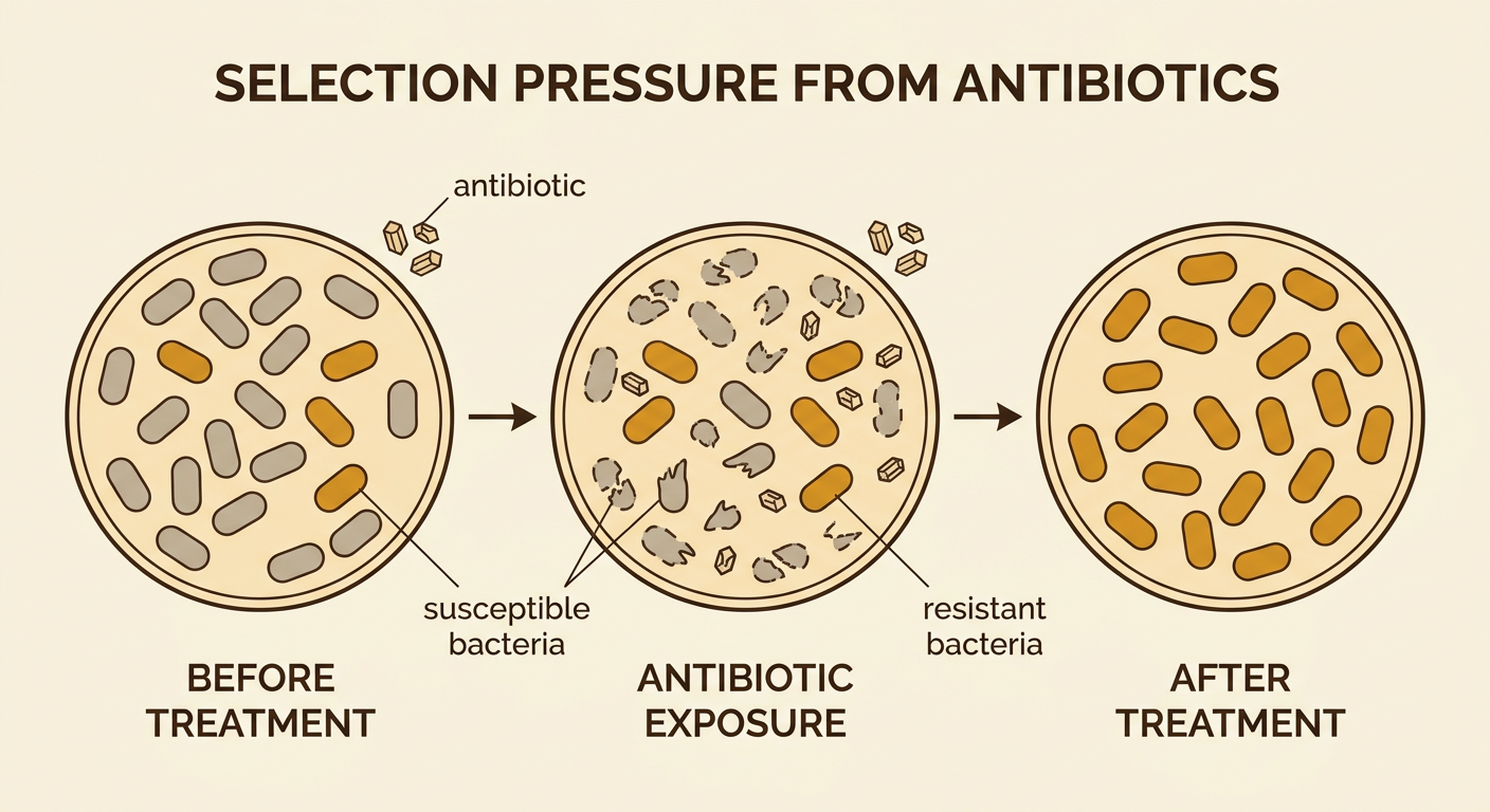 Antibiotic treatment removes susceptible bacteria while resistant bacteria survive and reproduce.