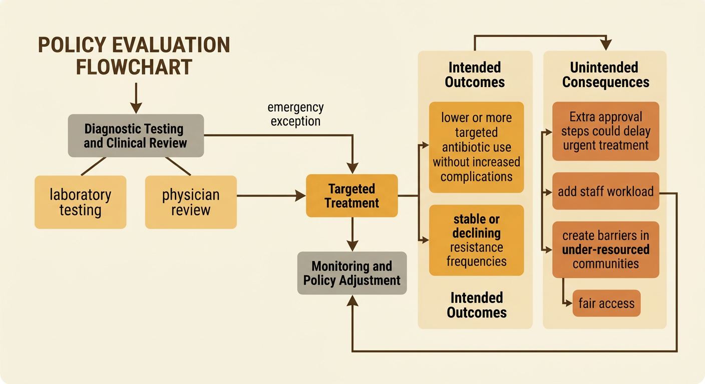 A hospital stewardship pathway uses laboratory testing and physician review while protecting emergency treatment and fair access.