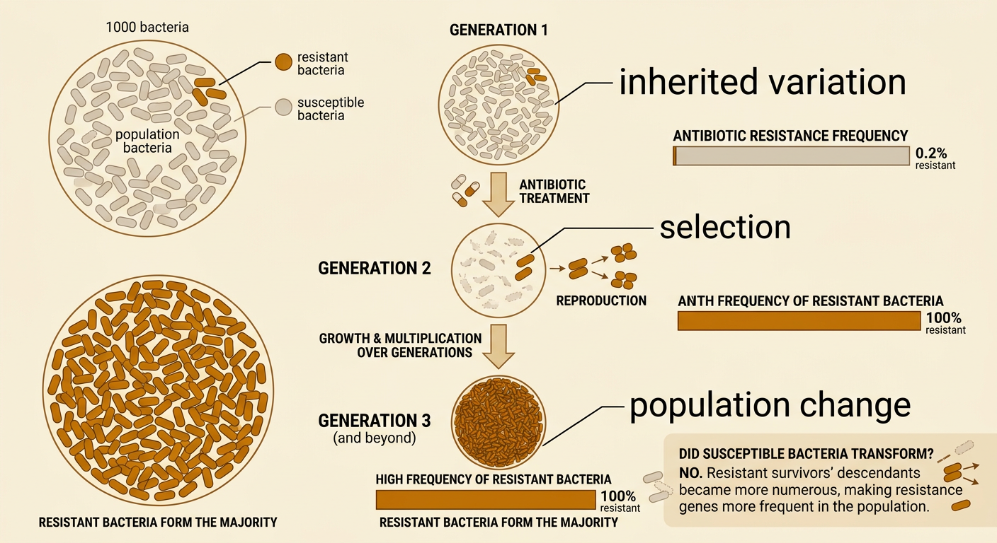 A three-stage sequence shows inherited variation, antibiotic selection, and a resistant population after many generations.
