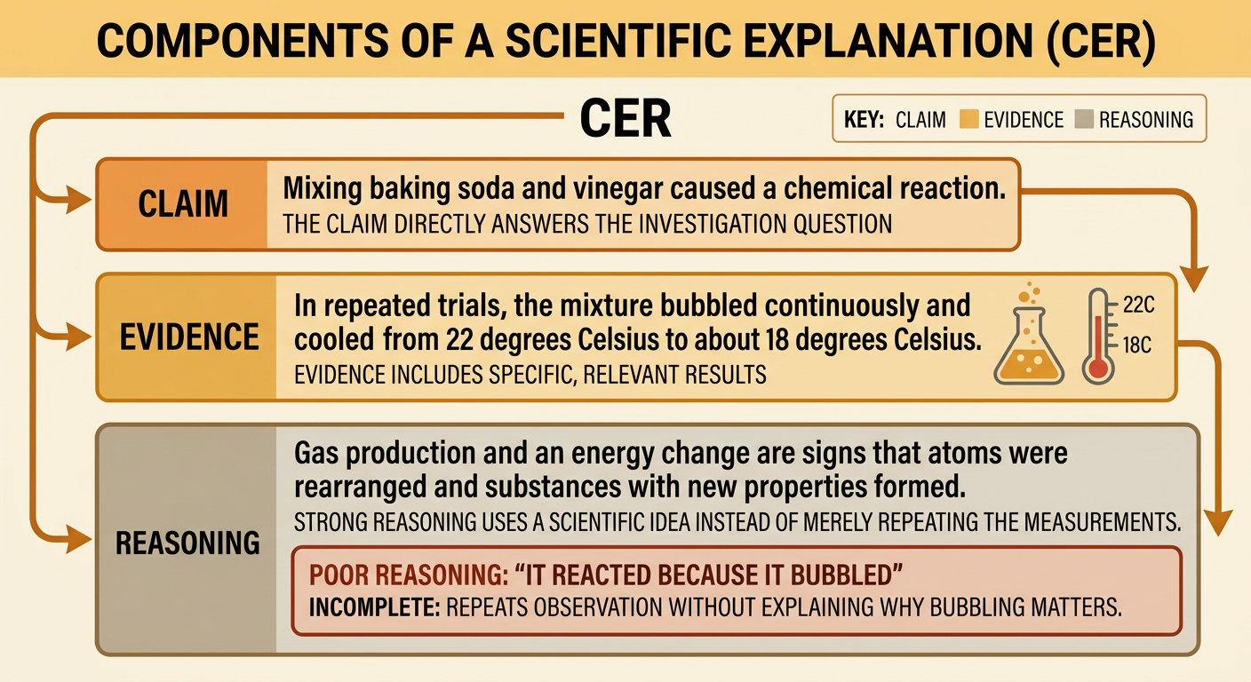 A CER organizer connects a reaction claim to bubbling and temperature evidence and then to scientific reasoning.