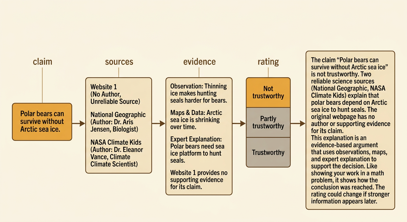 A completed fact-check chart records the polar bear claim, checked sources, evidence, and final rating.
