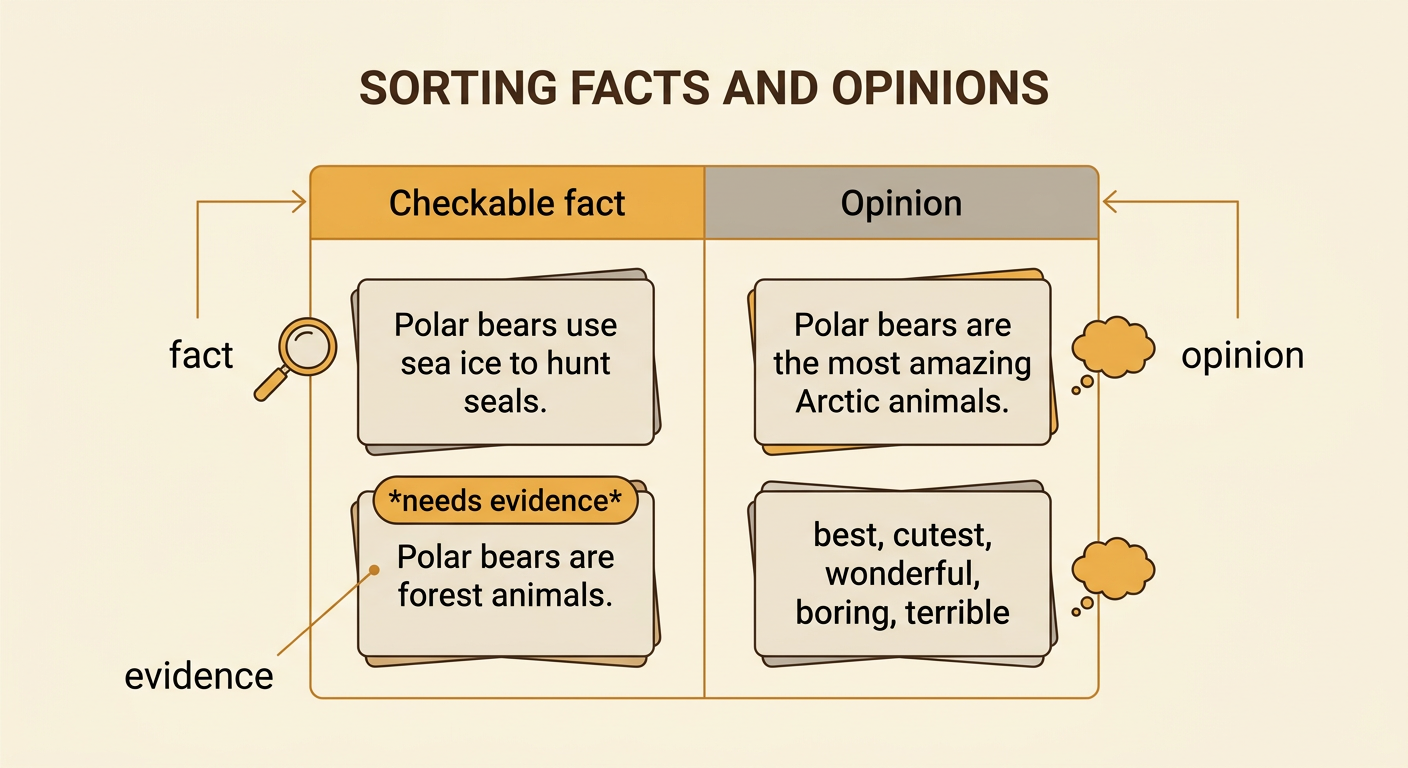 Three connected cards sort polar bear statements into a checkable fact, a personal opinion, and supporting evidence.