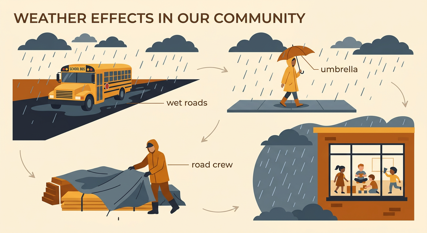 A community scene shows people changing travel, work, and play because of rain, snow, and heat.