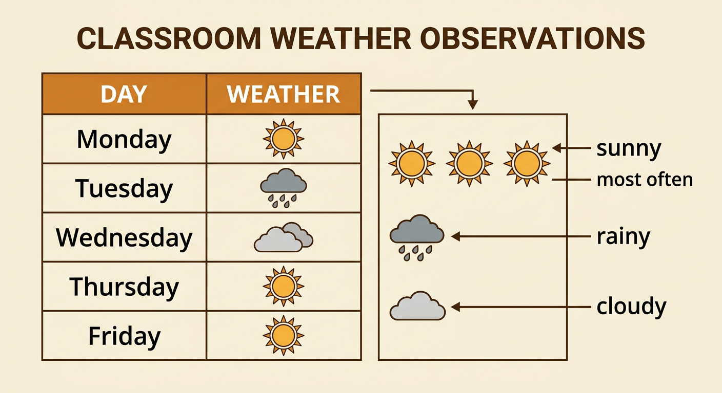 A five-day weather chart shows three sunny days, one rainy day, and one cloudy day.
