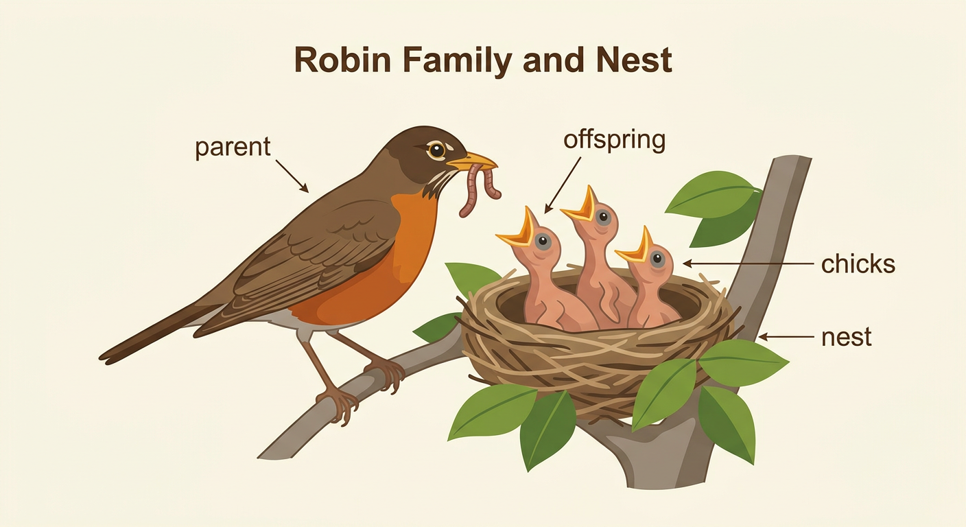 A robin parent feeds insects to hungry chicks sitting safely in a nest.