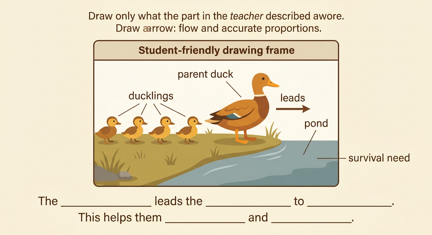 A labeled student drawing shows a parent duck leading ducklings toward a pond.