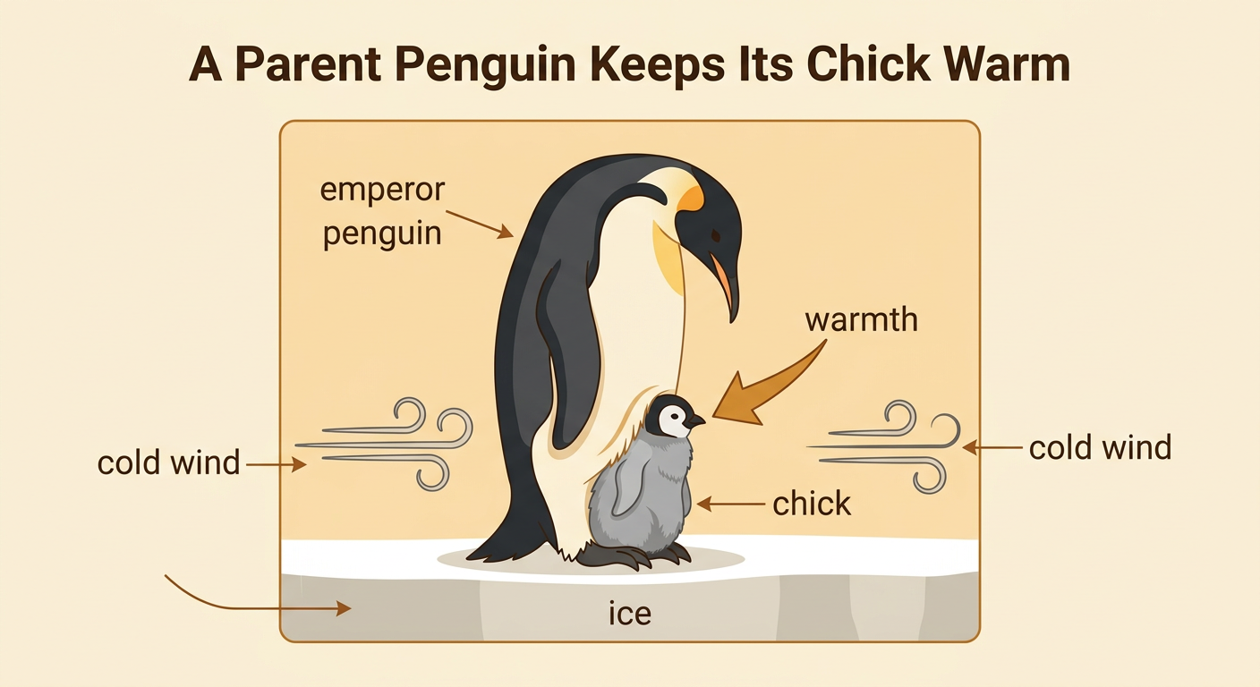 An emperor penguin covers a chick on its feet above the frozen ice.