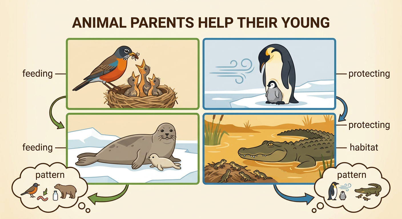 A picture chart groups robin, seal, penguin, alligator, and duck families by kinds of parental care.