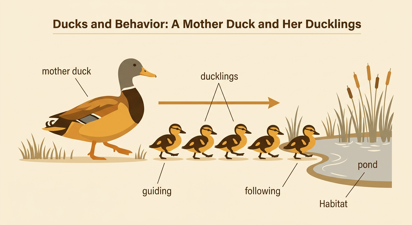 A mother duck guides a line of ducklings from green grass to a pond.