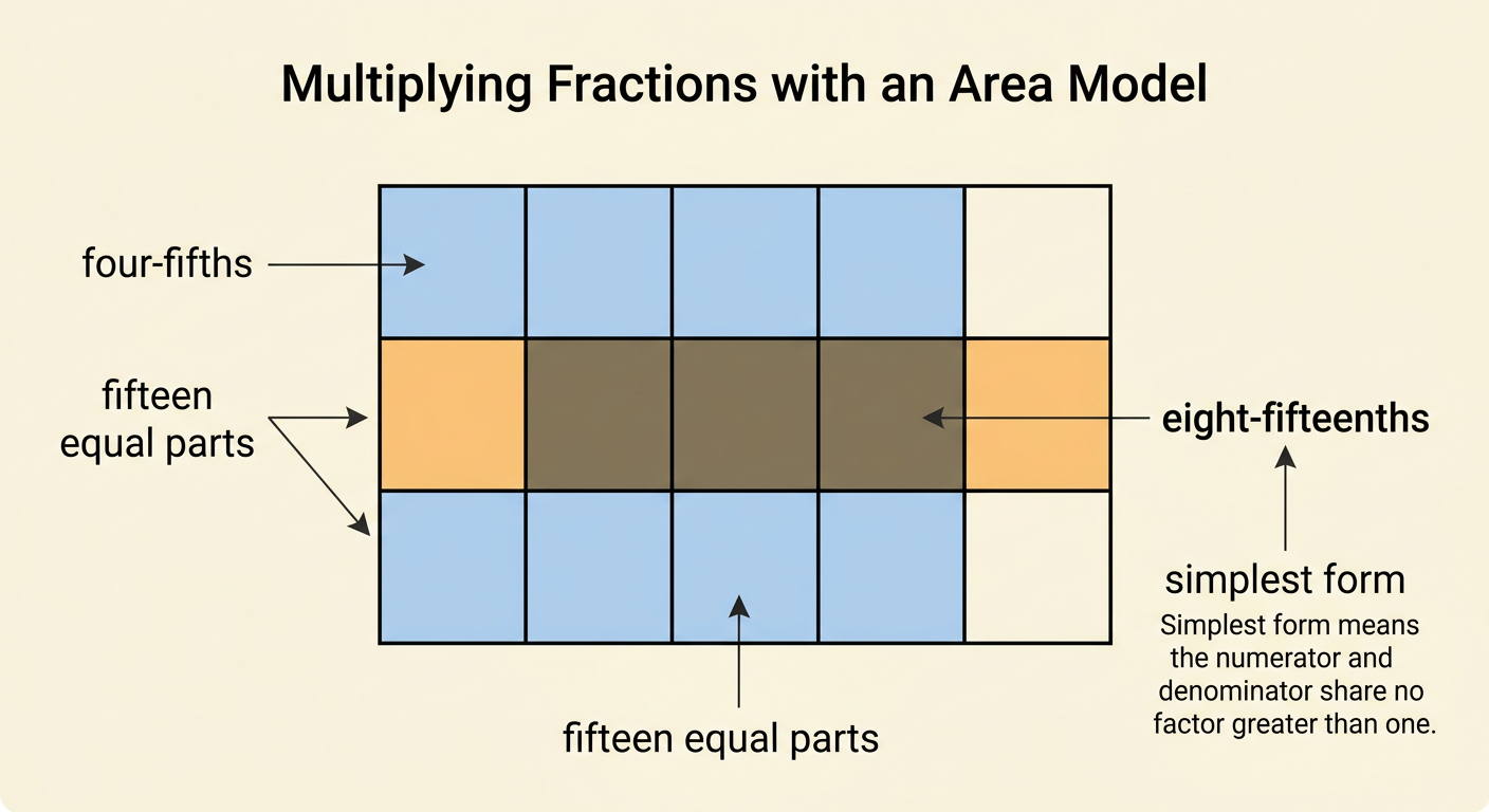 A five-column by three-row grid shows eight overlapping cells for the product four-fifths times two-thirds.