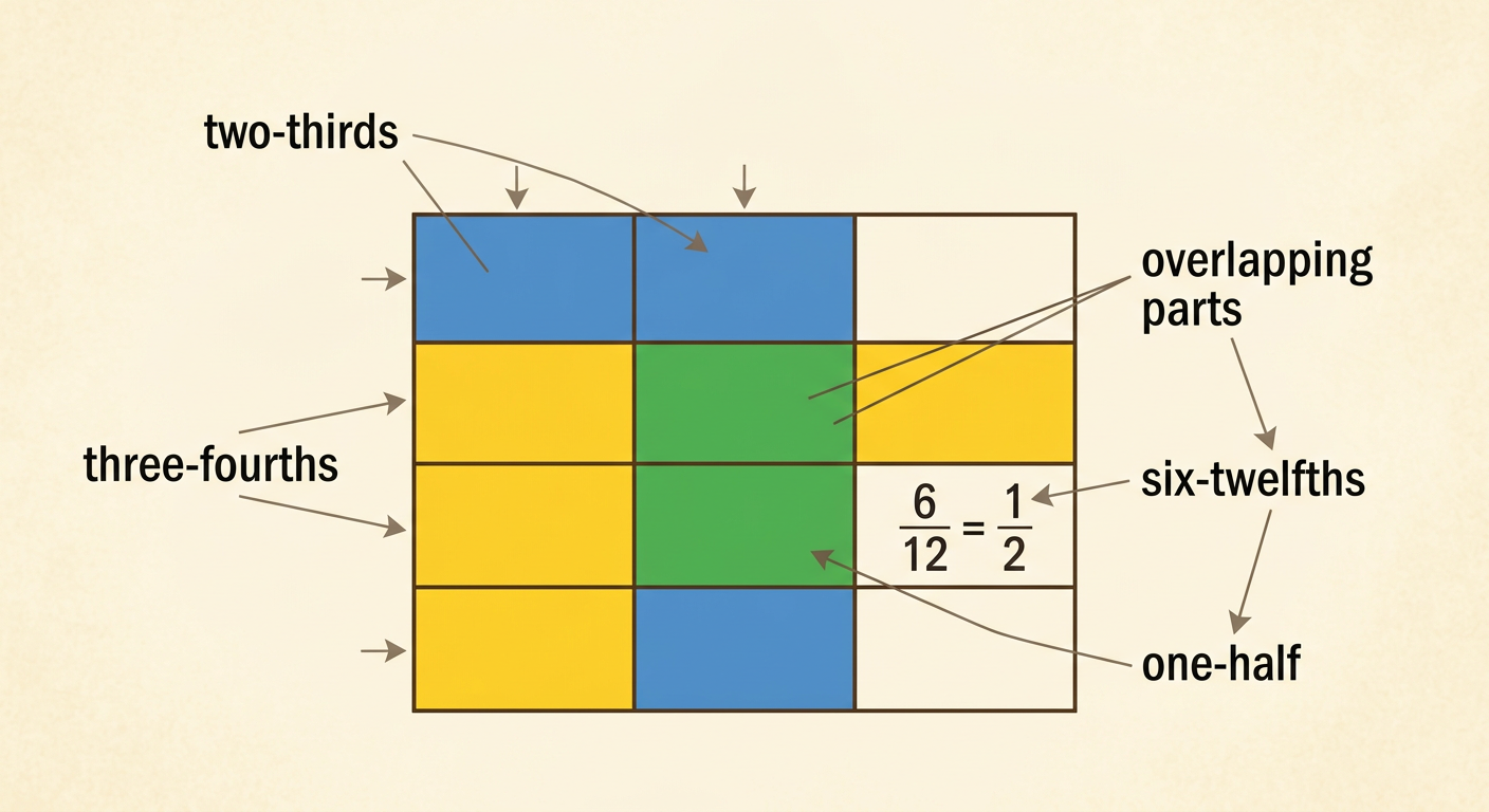 A three-column by four-row rectangle shows blue and yellow shading with six of twelve cells overlapping.