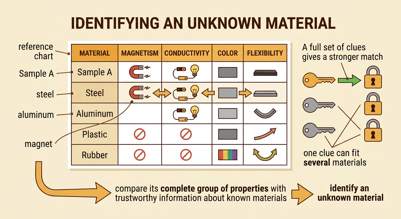 A reference chart compares Sample A with steel and aluminum, highlighting the different magnet results.