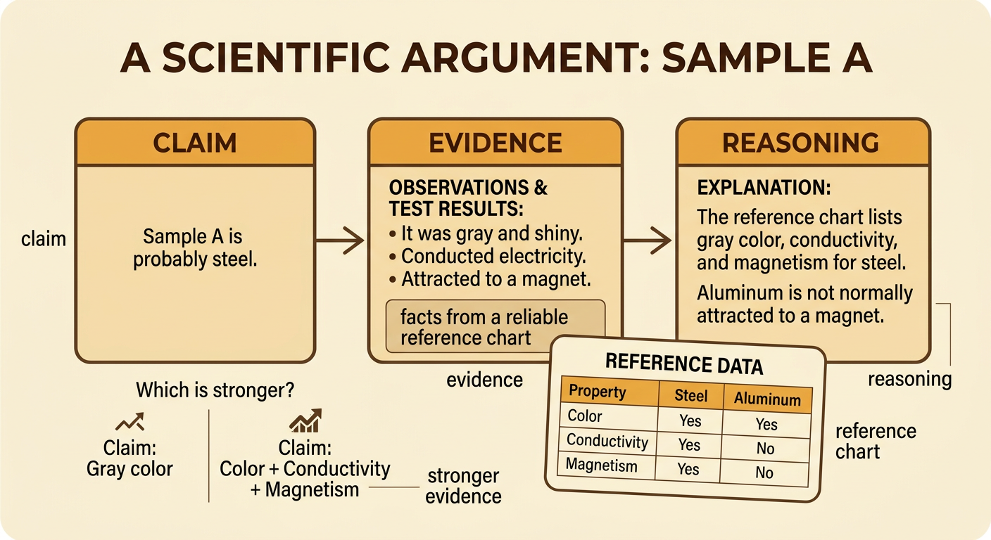 A connected claim-evidence-reasoning diagram uses Sample A's test results to support identifying it as steel.