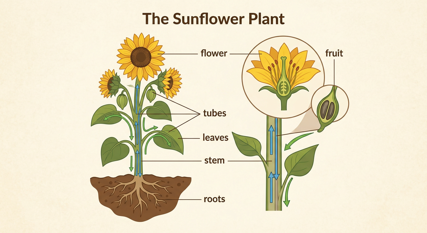 A labeled sunflower diagram shows its underground roots, upright stem, broad leaves, flower head, internal tubes, and a fruit protecting seeds.