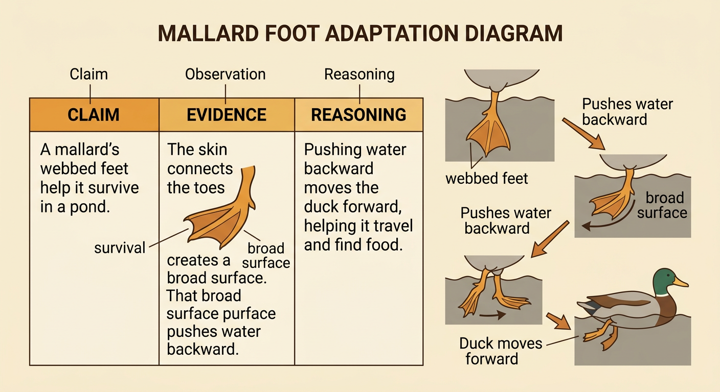 A three-part explanation chart uses a mallard’s foot diagram to connect a claim, evidence, and reasoning to survival.