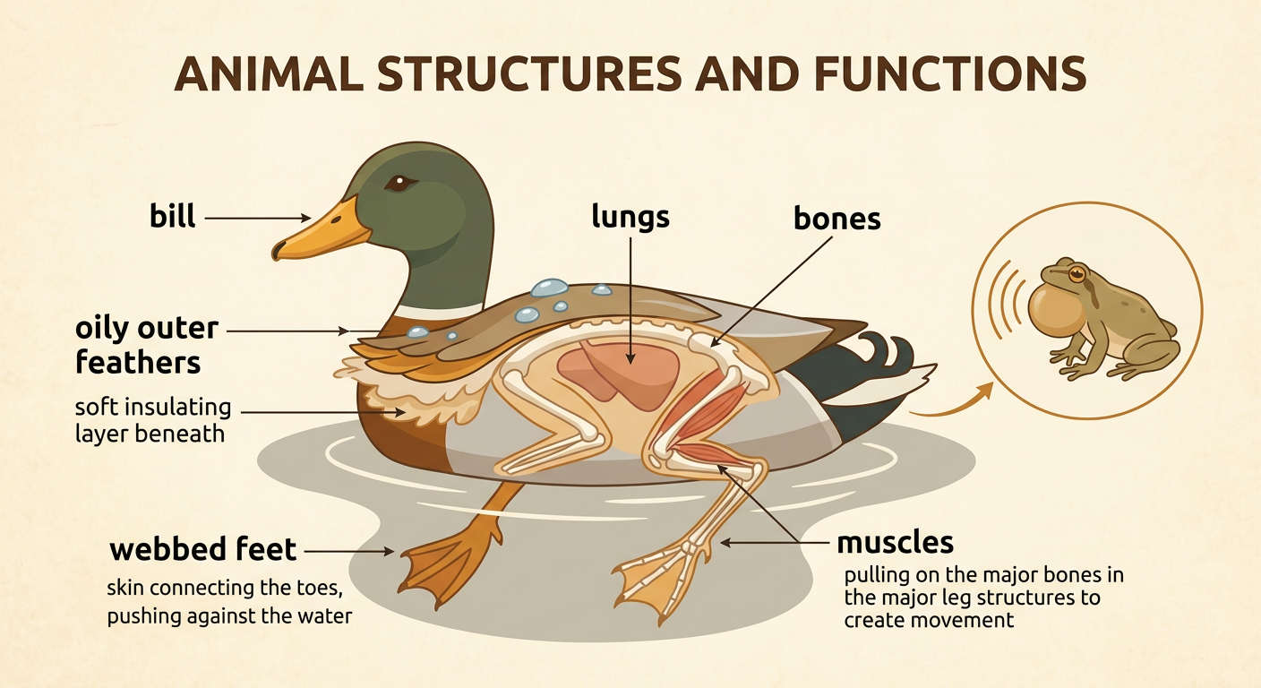 A pond scene shows a mallard using its webbed feet and feathers while a nearby male frog inflates its vocal sacs.