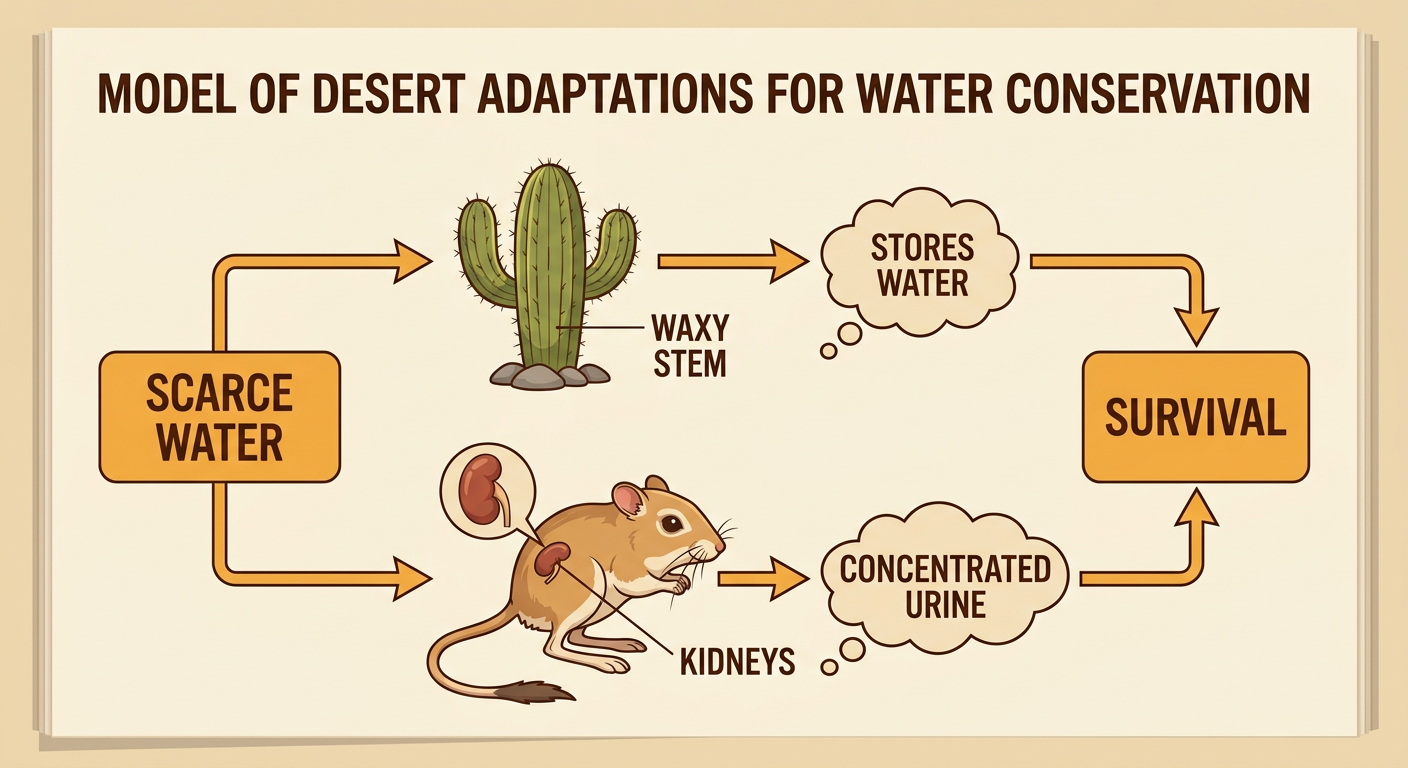 Two parallel arrow chains connect scarce desert water to cactus and kangaroo rat structures and then to survival.