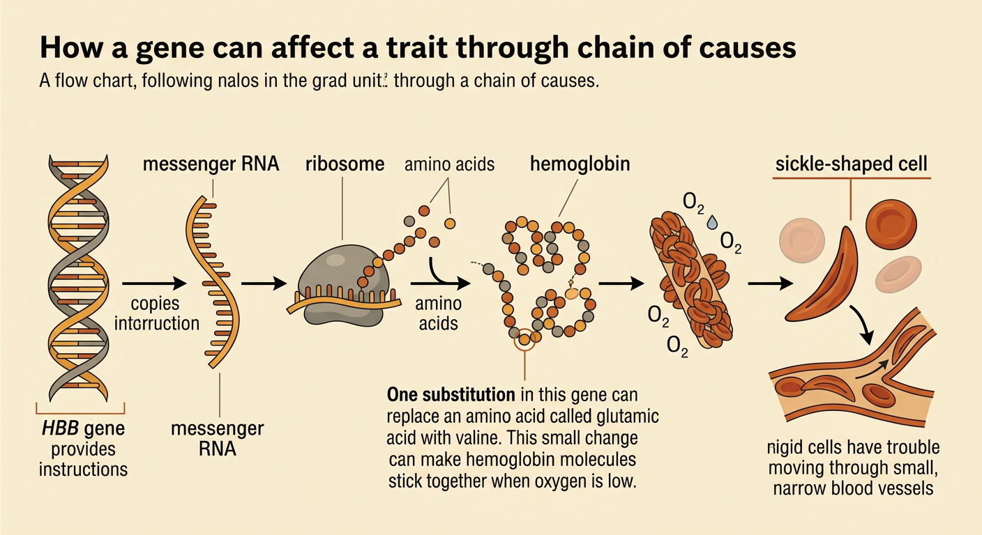 A cause-and-effect diagram traces an HBB gene substitution from DNA to altered hemoglobin and a sickle-shaped red blood cell.