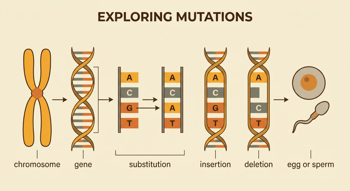 A chromosome and DNA diagram identifies a gene and compares substitution, insertion, and deletion mutations.
