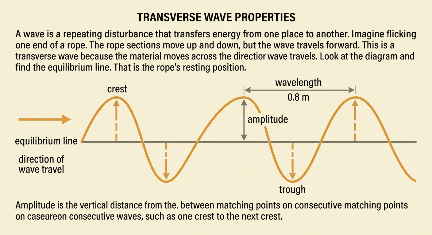 A transverse rope wave shows its resting position and the measurements of its height and length.
