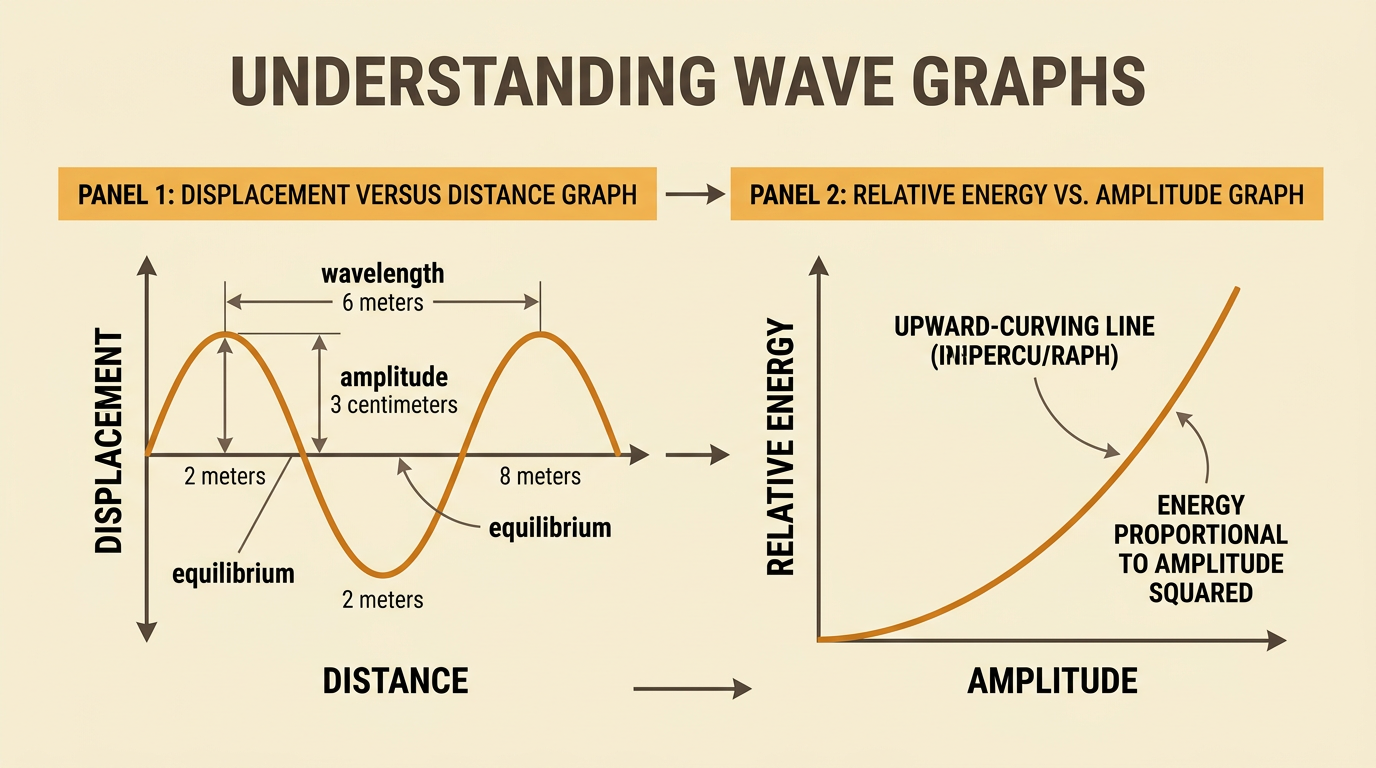 A displacement-versus-distance graph marks crests at 2 and 8 meters and a height of 3 centimeters.