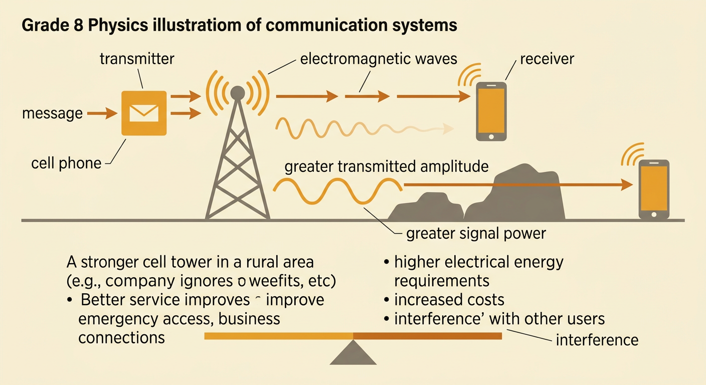 A cell tower transmits electromagnetic waves to a phone while showing stronger signal power and possible interference.