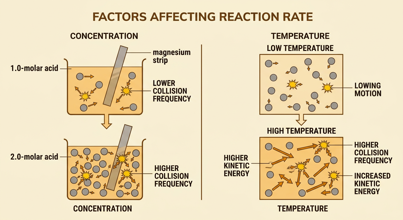 Two particle diagrams compare magnesium reacting in cooler dilute acid and warmer concentrated acid.