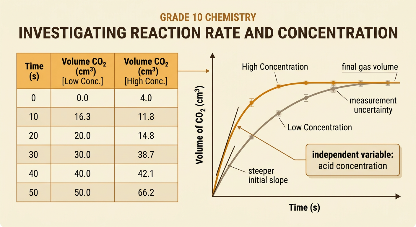 A data table and two gas-volume curves compare calcium carbonate reactions at different acid concentrations.
